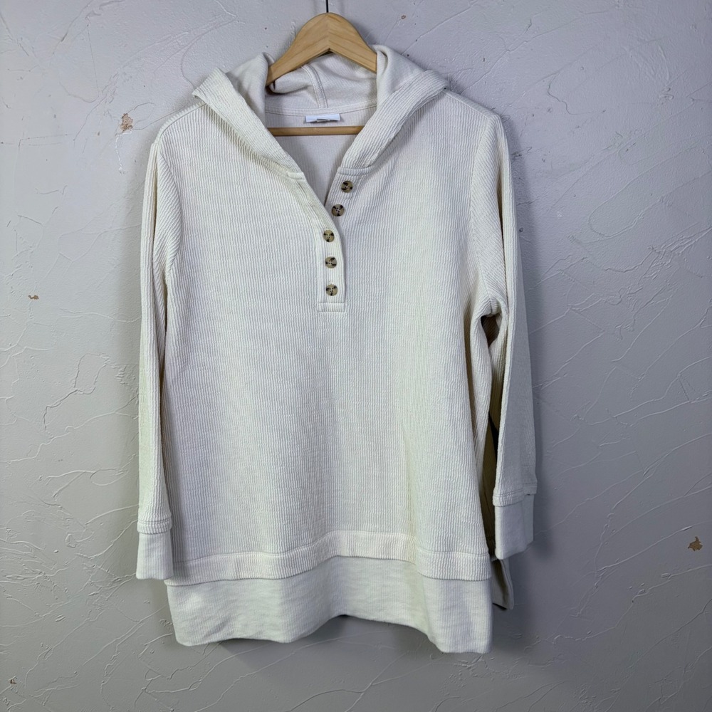 J Jill Hoodie Pullover Women XL Cream Ribbed Henley Coastal Grandma